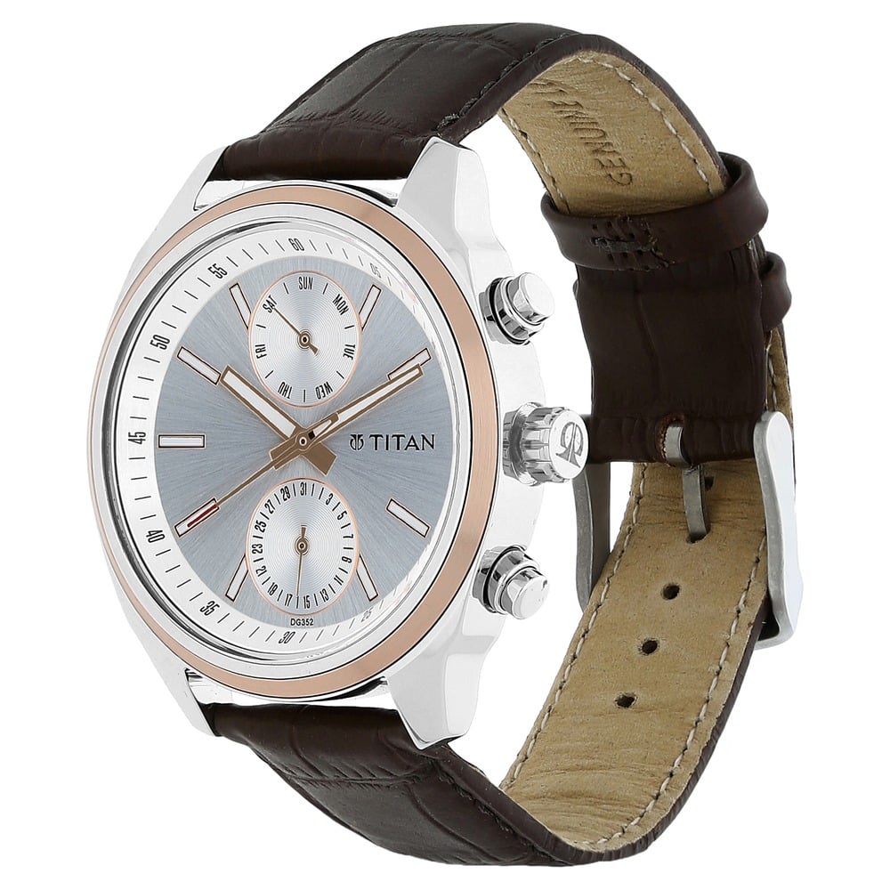 Titan Multifunction Silver Dial Leather Strap Watch for Men