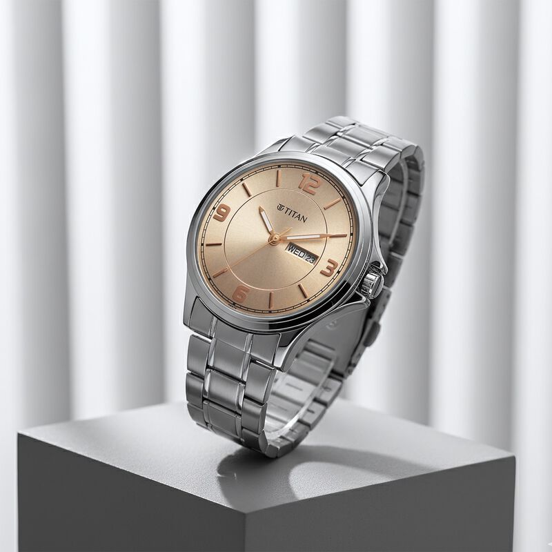 Titan Neo Arabic Day-Date Beige Dial Silver Steel Watch for Men - Buy in Visakhapatnam