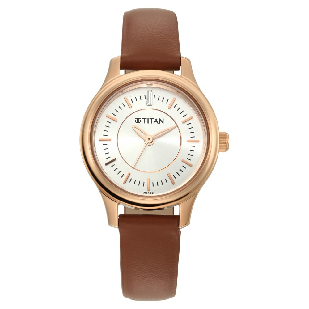 Titan Silver Dial Analog Watch with Tan Leather Strap for Women