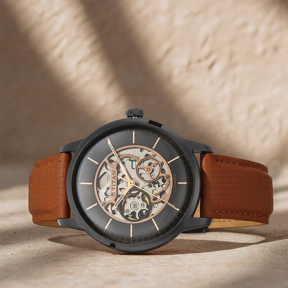 Titan Automatics Black Dial Tan Leather Strap Automatic Watch for Men